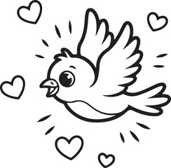 Cute Flying Bird with Hearts Line Art, love symbol bird, bird clipart, cute animal vector.