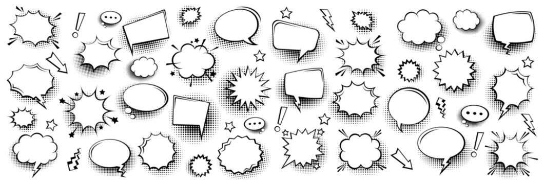 Grunge comic speech bubbles with handwritten text, brush strokes, ink smudges, acrylic stains or charcoal streaks. Hand drawn retro cartoon stickers. Chatting, message box. Vector illustration.