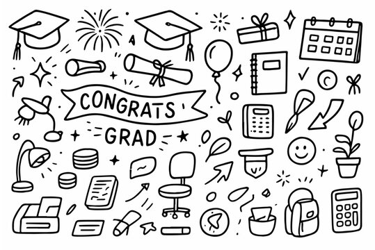 Hand-drawn doodle vector set of graduation party doodles including caps, diplomas, banners, and festive celebration elements created in a fun style, isolated on white background