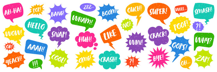 Grunge comic speech bubbles with handwritten text, brush strokes, ink smudges, acrylic stains or charcoal streaks. Hand drawn retro cartoon stickers. Chatting, message box. Vector illustration.