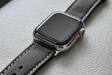 Close-up of a smartwatch with a polished metal case and black leather band