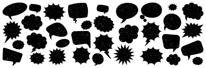 Grunge comic speech bubbles with handwritten text, brush strokes, ink smudges, acrylic stains or charcoal streaks. Hand drawn retro cartoon stickers. Chatting, message box. Vector illustration.