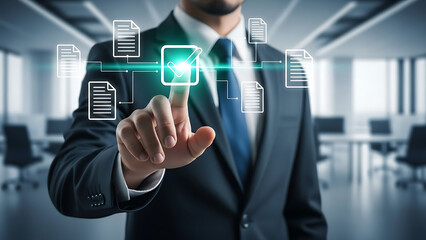 A businessman in a suit is touching a holographic interface displaying various digital document icons.