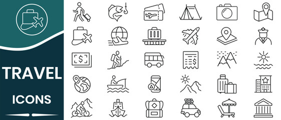 Vacation travel  journey line icon set. Icon for hotel, holiday, tourism, beach, plane, map, fishing, globe and more. Vector illustration.  © Ankita
