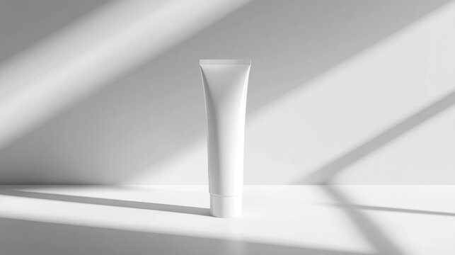 Maqueta de tubo cosm&eacute;tico blanco en blanco con sombras est&eacute;ticas y luz natural, dise&ntilde;o minimalista de envase de crema 3D.
