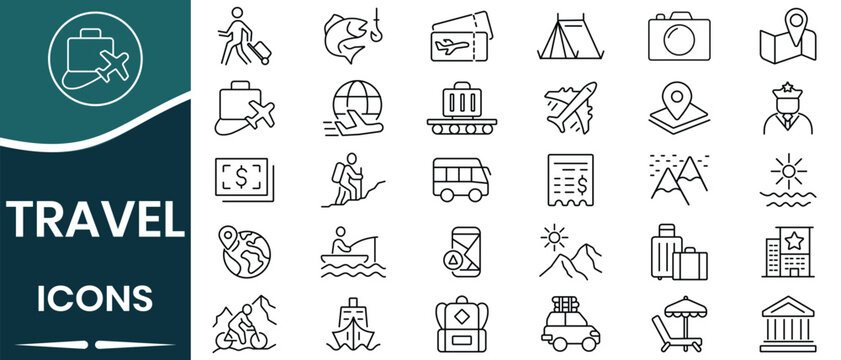 Vacation travel  journey line icon set. Icon for hotel, holiday, tourism, beach, plane, map, fishing, globe and more. Vector illustration.

