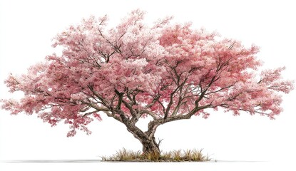 Large isolated tree in full bloom, soft pink petals, brown trunk, grass base, white background