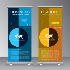 geometric shape roll up banner design template, vertical banner template design for business, standee banner. modern x-banner set, pull up banner with blue and orange, 