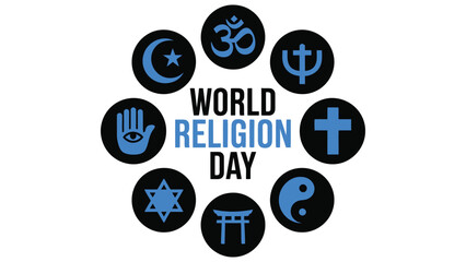 world religion day circular icon illustration with diverse religious symbols promoting faith, unity, interfaith harmony and global awareness