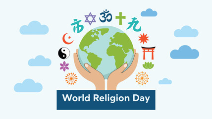 world religion day illustration with hands holding globe and multiple religious symbols on sky background promoting unity, peace and interfaith harmony