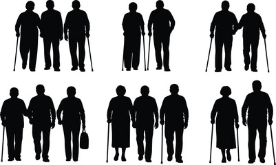Silhouettes of elderly couples walking together, symbolizing aging, companionship, mobility support, and emotional connection in later life relationships