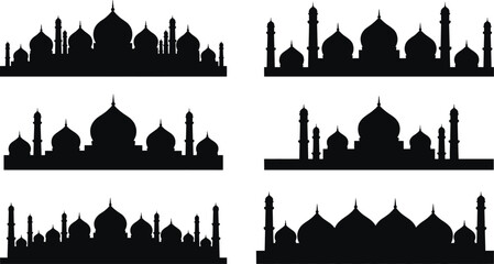 Islamic mosque skyline silhouettes set featuring domes and minarets traditional religious architecture minimalist black vector illustration isolated on white background