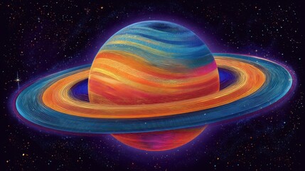 Stylized colorful planet in outer space, reminiscent of Saturn, surrounded by vibrant rings. Abstract cosmic design for wallpaper or digital background.