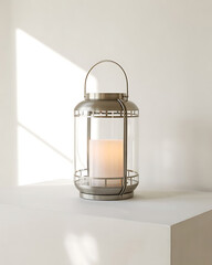 Modern sleek metal lantern with glass sides and glowing candle sitting on white minimal pedestal indoors