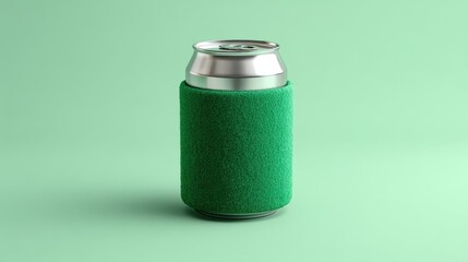 Aluminum soda can with green koozie. A beverage can cooler for drink advertisement and party favor design on monochrome background. For St. Patricks Day.