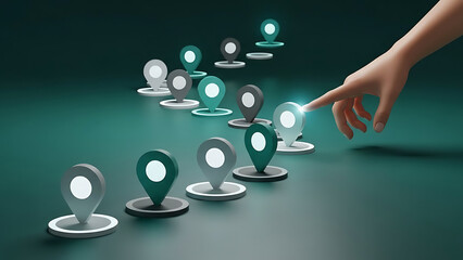 A finger selects a glowing destination marker from a digital map of interconnected location pins.