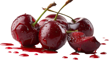 Fresh ripe red cherries with green stems isolated on a white background make a juicy healthy organic fruit dessert perfect for summer eating