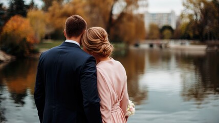 Rear View Couple Looking At Lake In Autumn Park
