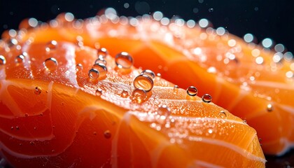 Macro shot of a Salomon fillet. Tiny oxygen bubbles clinging to the surface and trailing behind in a dark abyss. Refracted light, hyper-detailed textures, crisp droplets.