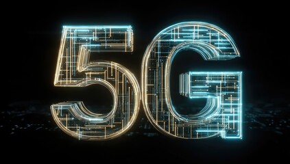 Illuminated 3D rendering showcases the text "5G" with intricate glowing circuit designs