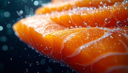 Macro shot of a Salomon fillet. Tiny oxygen bubbles clinging to the surface and trailing behind in a dark abyss. Refracted light, hyper-detailed textures, crisp droplets.