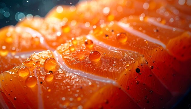 Macro shot of a Salomon fillet. Tiny oxygen bubbles clinging to the surface and trailing behind in a dark abyss. Refracted light, hyper-detailed textures, crisp droplets.