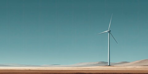 A single wind turbine stands tall against a vast, blue sky over a landscape of rolling hills