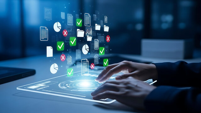 Two hands interact with an advanced holographic interface displaying data charts and document icons. - Powered by Adobe