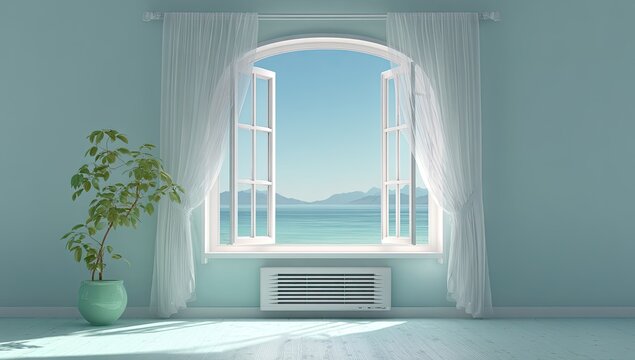 Room with open, arched window overlooking a tranquil sea scene, with plant