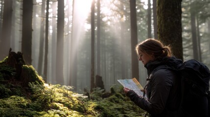 Woman hiker with backpack reading map. Female tourist in a forest with sun rays. Outdoor adventure and travel discovery concept.
