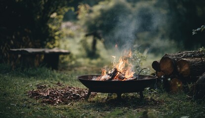 A smoldering campfire in a metal fire pit amidst the woods with logs in the backdrop