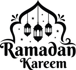 Ramadan Kareem Islamic Illustration with Hanging Lanterns and Stars, Elegant Muslim Holiday Greeting Design for Holy Month Celebration