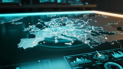 Digital map shows Europe network connections on holographic display. Global data visualization with glowing borders. Technology interface displays continent connectivity. Europe map with digital - Powered by Adobe