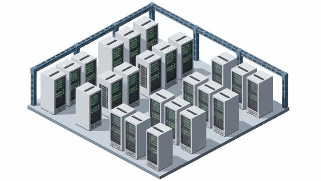 3D illustration of a data center with multiple server racks and cabinets.