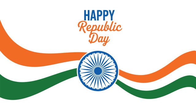 happy republic day of india banner with tricolor wave design and ashoka chakra on white background