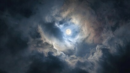 Celestial nighttime scene featuring a brilliant full moon peeking through dynamic swirling clouds