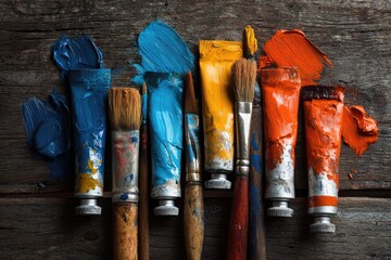 Tubes of colorful paint squeezed with brushes, resting atop a weathered wooden surface