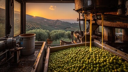 Oil mill equipment processing olives, with a mountainous landscape during sunset