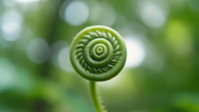 Close-up of a vibrant green fiddlehead fern unfurling with an intricate spiral pattern against a soft, blurred natural background.