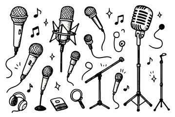 Hand-drawn doodle vector set of microphones and mic stands including handheld and studio mics created in a fun style, isolated on white background © Creative Lab