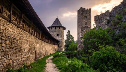 Scenic view of Nevytsky Castle ruins in Ukraine at sunset.