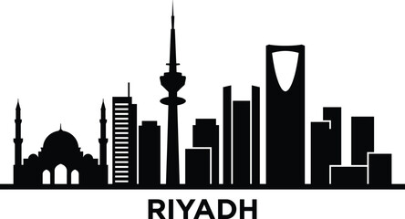 Riyadh City Skyline Silhouette Illustration with Modern Skyscrapers and Mosque Landmarks, Saudi Arabia Capital Urban Architecture Design