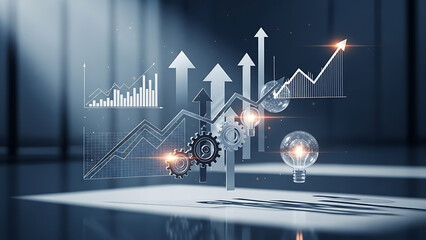A dynamic visualization showcases financial growth with ascending graphs, lightbulbs, gears, and arrows.