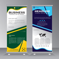 Roll up banner vertical template design, for brochure, business, modern x-banner with green and blue and standees banner advertising. vector illustration