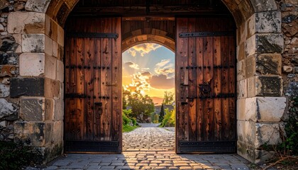 Open Wooden Gate to a Garden at Sunset - A Path to Serenity.