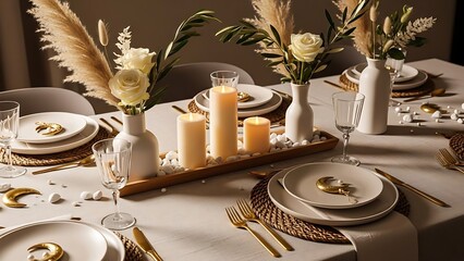 Elegant dining table setting with flowers and candles on a white tablecloth indoors