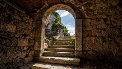Ancient Stone Archway Leading to Outdoor Steps and Scenery.