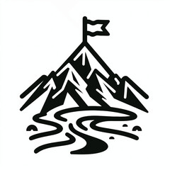 Mountain peak with flag and winding river representing achievement and journey.