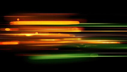 Horizontal streaks of luminous orange, green, and yellow lights on black background