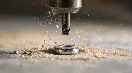 Close-up of a drill bit creating shavings and dust from a metal ring